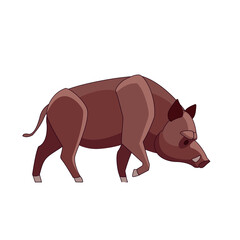 Wild boar (sus scrofa ferus) walking. Cartoon character of an adult mammal animal. A wild forest creature with brown fur. Side view. Vector flat illustration isolated on a white background