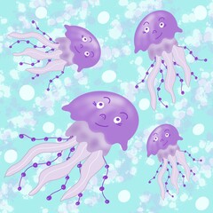 animals in the sea, jellyfish, illustration, pattern with jellyfish, blue