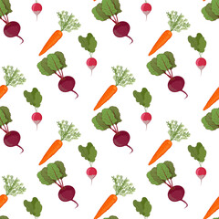 Super cute seamless pattern with Vegetables - Carrot, Beetroot and Radish. Different vegetables in cartoon style. Hand drawn Smiley characters about healthy food.