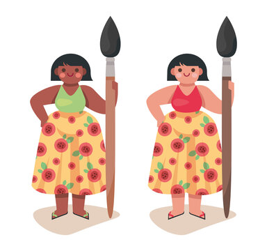 Personnage femme avec un pinceau g&eacute;ant, illustration pour cours de peinture arts plastiques, activit&eacute; artistique, dessin et cr&eacute;ation, mignon et sympathique