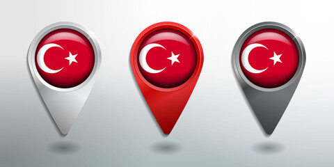 3D Pointer, Tag and Location Marker with Round Flag Nation of Turkey White, Red and Grey Glossy Model
