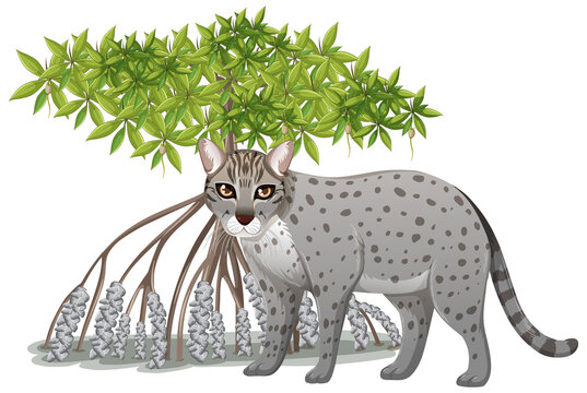 Fishing Cat with Mangrove Tree in cartoon style on white background