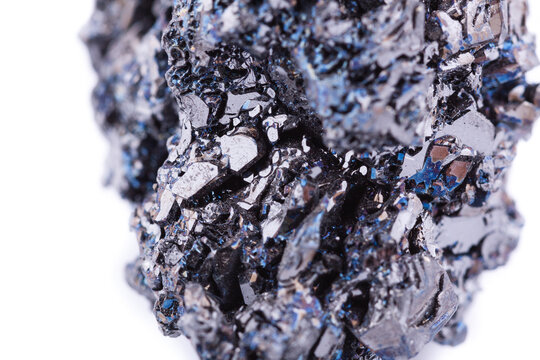 Macro mineral stone covellite on white background