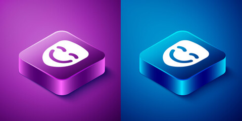 Isometric Comedy theatrical mask icon isolated on blue and purple background. Square button. Vector