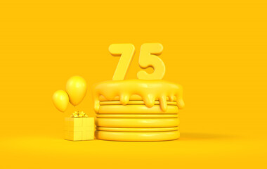 Happy 75th Birthday celebration cake with present and balloons. 3D Rendering