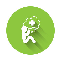 White Helping hand icon isolated with long shadow background. Green circle button. Vector