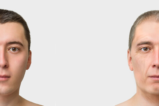 The Face Of A Young And Elderly Man, The Concept Of Old Age And Fading Skin, Wrinkles On The Face Of Men. Compare Before After On A White Background Copy Space