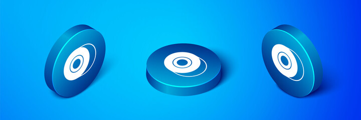 Isometric Skateboard wheel icon isolated on blue background. Skate wheel. Blue circle button. Vector