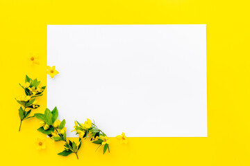Happy Easter mockup - yellow flowers, flat lay, top view