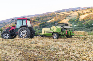 Tractor with harvester attach, harvesting hay crops, creating haystacks on field