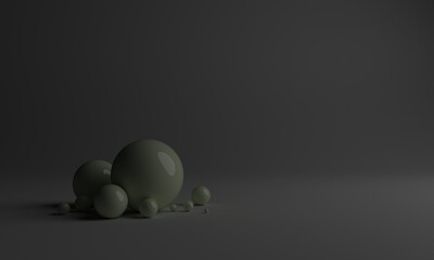 3D rendering of abstract three balls standing in different sizes on gray background