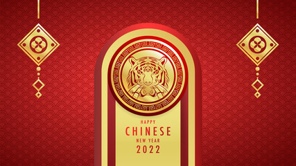 Chinese new year 2022 year of the tiger gold and asian elements on red background  for online content in the new year 2022 , illustration Vector EPS 10