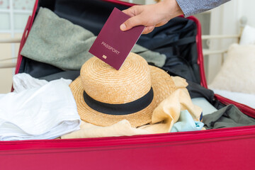 suitcase pink passport hand woman luggage baggage hat summer door