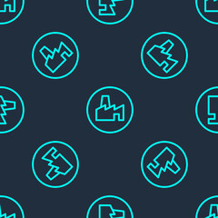 Green line Factory production icon isolated seamless pattern on blue background. Industrial building. Vector