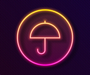 Glowing neon line Delivery package with umbrella symbol icon isolated on black background. Parcel cardboard box with umbrella sign. Logistic and delivery. Vector