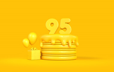 Happy 95th Birthday celebration cake with present and balloons. 3D Rendering