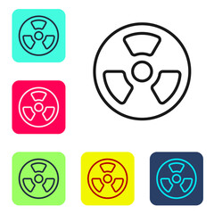 Black line Radioactive icon isolated on white background. Radioactive toxic symbol. Radiation Hazard sign. Set icons in color square buttons. Vector