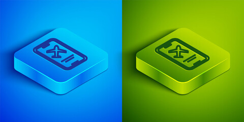 Isometric line Smartphone with electronic boarding pass airline ticket icon isolated on blue and green background. Passenger plane mobile ticket for web and app. Square button. Vector