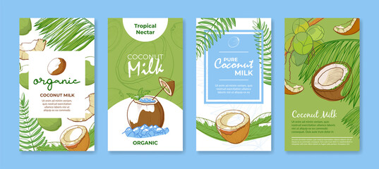 Collection different coconut milk vertical banners vector flat illustration tropical organic nectar