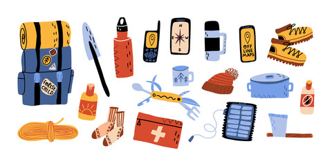 Forest tourism, outdoor vacation must have set. Backpack and sleeping bag, shovel, all-in-one knife, navigation, offline maps