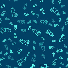 Green line No water bottle icon isolated seamless pattern on blue background. No plastic bottle. Water bottle ban sign. Vector