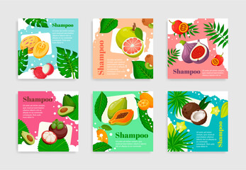 Collection fruits organic shampoo package label vector flat illustration haircare cosmetics product