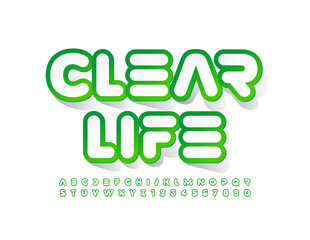 Vector concept sign Clear Life. White and Green creative Font. Techno style Alphabet Letters and Numbers