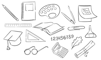 school supplies in a black outline. Subjects for school classes. Rulers, Calculator, Glasses, Scroll, Book, Notebook, Pencil, Pen, Brush, Palette, Notepad