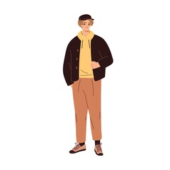 Modern young man in fashion casual clothes. Stylish guy in trendy apparel. Male model wearing cap, hoodie, jacket, pants and shoes. Fashionable men look. Flat vector illustration isolated on white