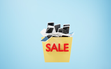 Basket cart with red sale of cell phones. Making purchases and orders on internet. Online shopping smartphones. Yellow bag discounted on blue background, 3d illustration of falling mobile devices