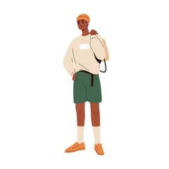Black-skinned man in fashion summer clothes. Modern guy wearing trendy shorts, long sleeve, knitted hat, socks and shoes. Stylish casual male look. Flat vector illustration isolated on white