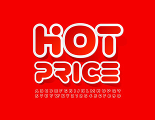 Vector promo banner Hot Price. Bright Red Font. Sticker style set of Alphabet Letters and Numbers