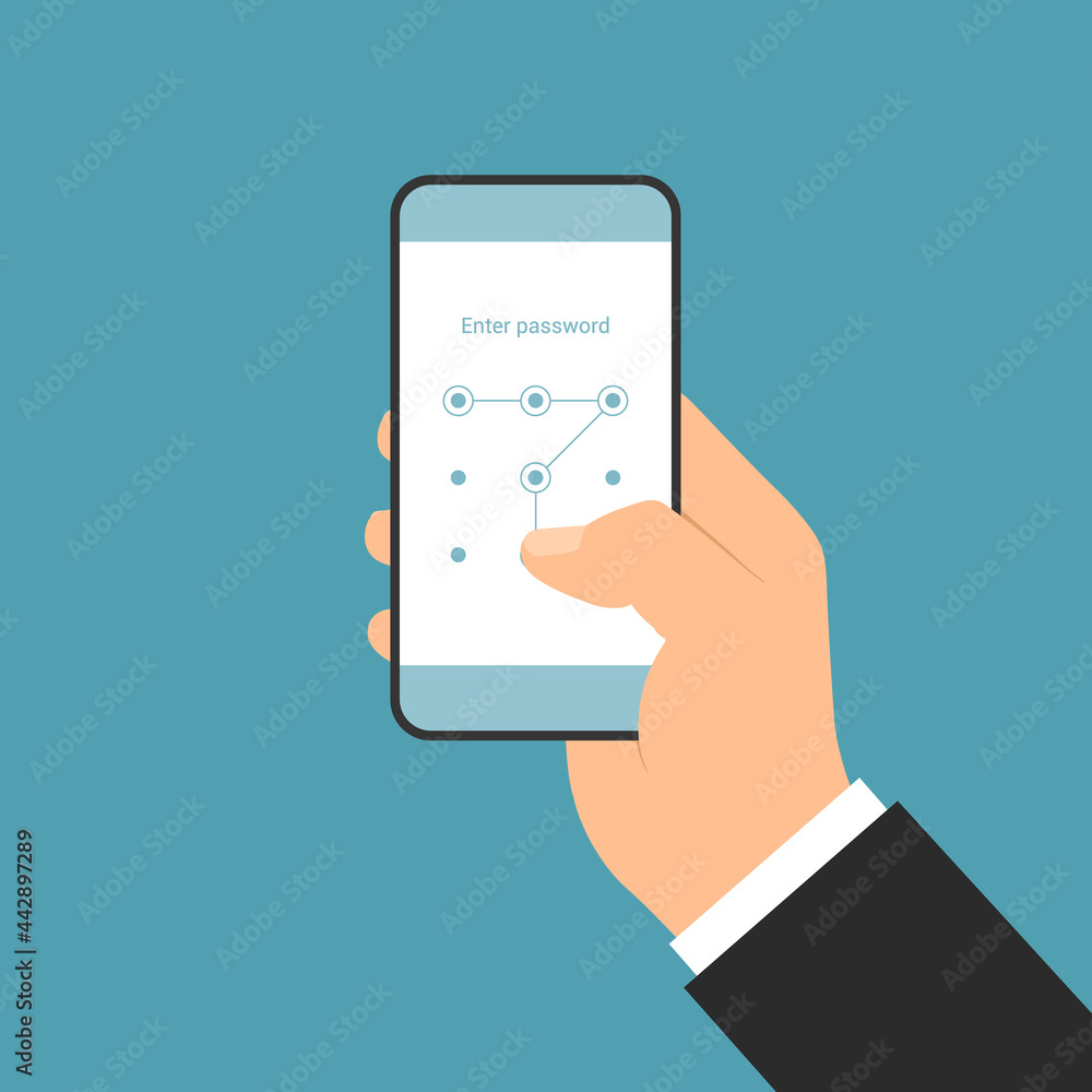 Poster flat design illustration of a manager's hand holding a smartphone with a login screen and entering a