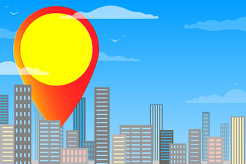 Geolocation symbol with workspace on the background of city skyscrapers, sky and clouds. Vector