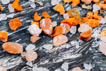 Himalayan pink, sea salt spices, dried carrots fall. Selective focus