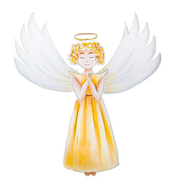 Cute praying angel in yellow dress with wings and nimbus. Isolated illustration, white background