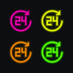 24 Hours four color glowing neon vector icon