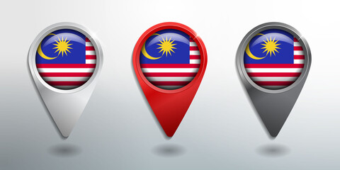 3D Pointer, Tag and Location Marker with Round Flag Nation of Malaysia White, Red and Grey Glossy Model
