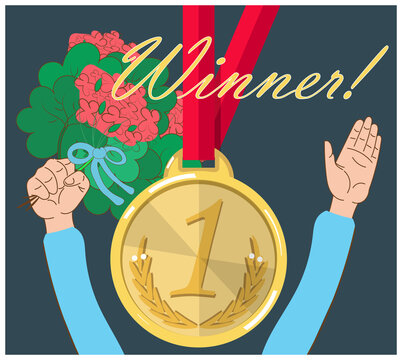 Gold medal for the winner and a bouquet in the hands of the champion. Vector illustration