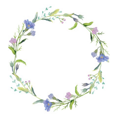 Fototapeta na wymiar Watercolor floral round frame with forget-me-nots and leaves on white background. Hand painted isolated botanical wreath with blue wildflowers and herbs for logo, cards, textile and wedding decoration
