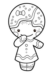 Christmas coloring book or page. Gingerbread man black and white illustration