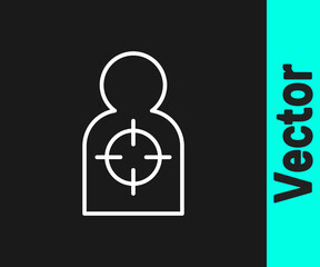 White line Human target sport for shooting icon isolated on black background. Clean target with numbers for shooting range or shooting. Vector