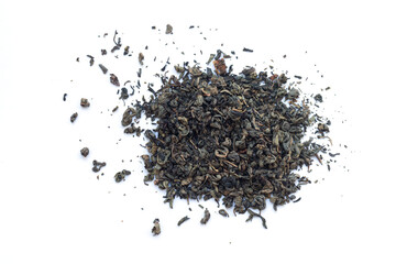 Heap of dry green tea oolong isolated