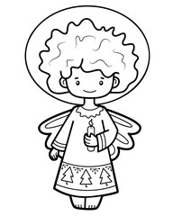 Christmas coloring book or page. Angel black and white illustration