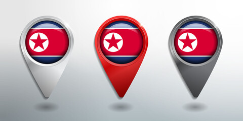 3D Pointer, Tag and Location Marker with Round Flag Nation of North Korea White, Red and Grey Glossy Model