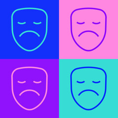 Pop art line Drama theatrical mask icon isolated on color background. Vector