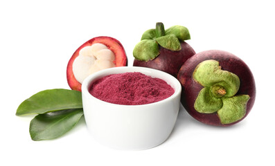 Mangosteen powder and fruits on white background