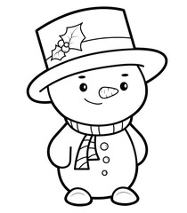 Christmas coloring book or page. Snowman black and white illustration