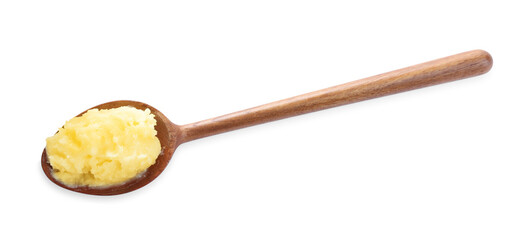 Wooden spoon of Ghee butter isolated on white, top view