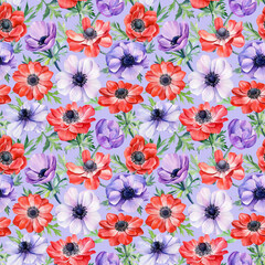Floral background, flowers anemones, watercolor illustration, seamless pattern